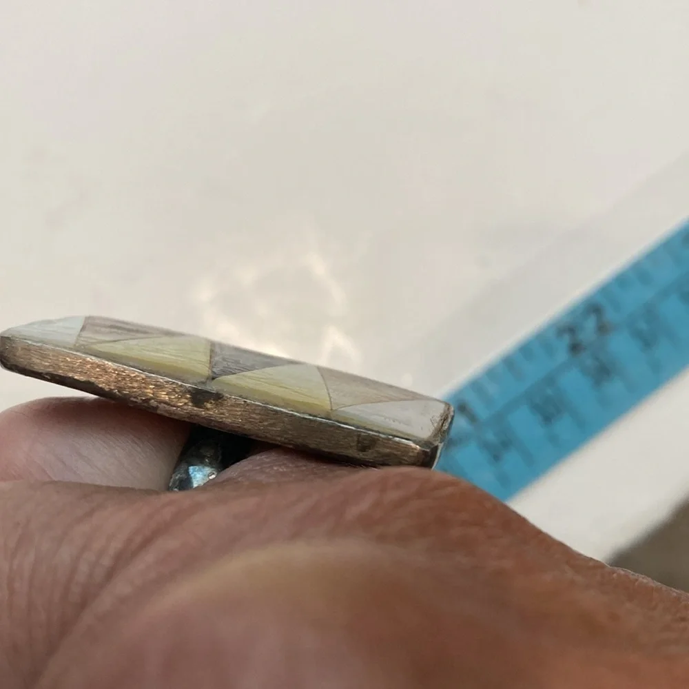 Sterling Backgammon Ring  2” Long Abalone and Sterling Ring